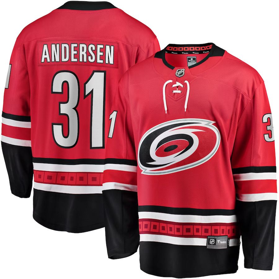 Men Carolina Hurricanes #31 Frederik Andersen Fanatics Branded Red Home Breakaway Player NHL Jersey